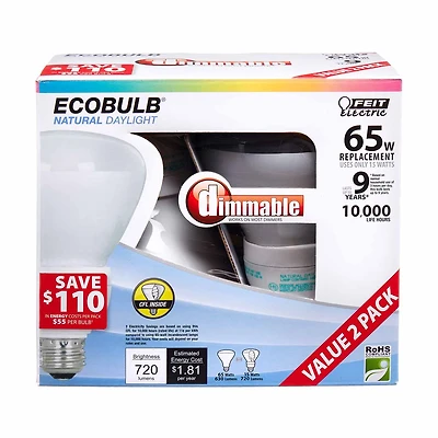 FEIT Electric Natural Light Dimmable EcoBulb, 65W Replacement, 2 Pack