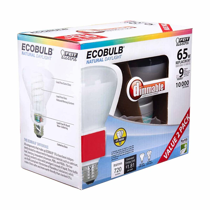 FEIT Electric Natural Light Dimmable EcoBulb, 65W Replacement, 2 Pack