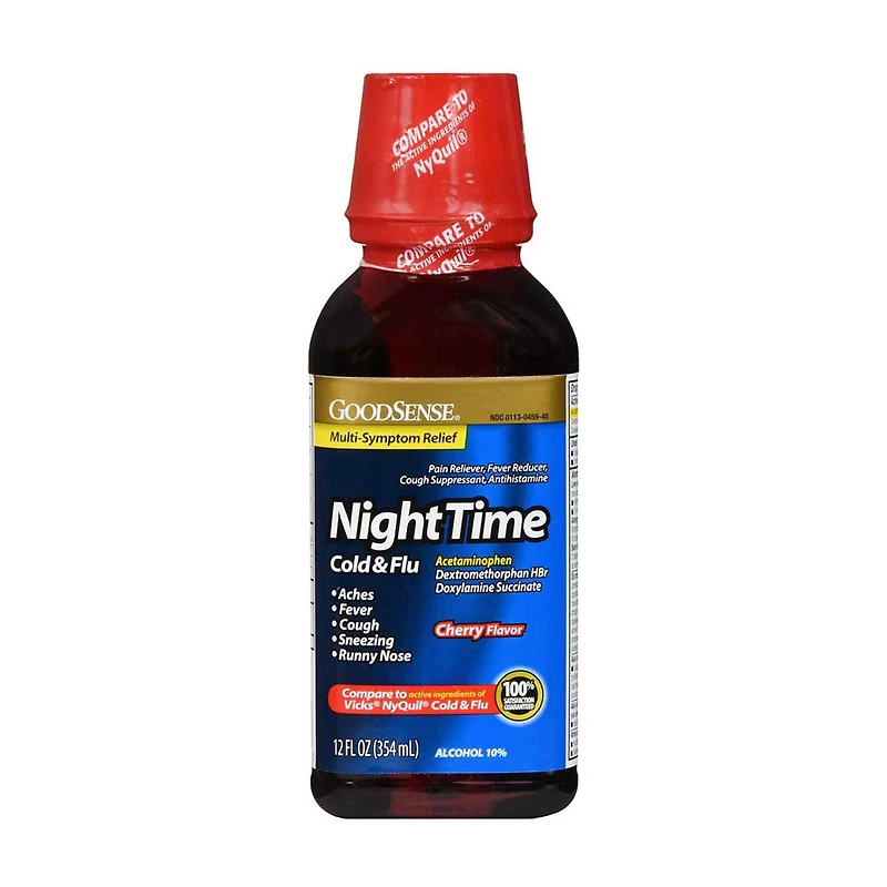 GoodSense NightTime Cold & Flu Multi-Symptom Relief Liquid, Cherry, 12 fl. oz.
