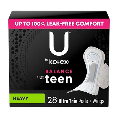U by Kotex Balance Sized for Teens Ultra Thin Pads with Wings, Heavy Absorbency, 28 Count