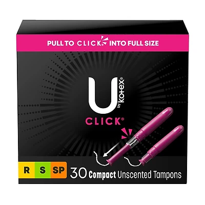 U by Kotex Click Compact Multipack Tampons, Regular/Super/Super Plus, Unscented, 30 Count