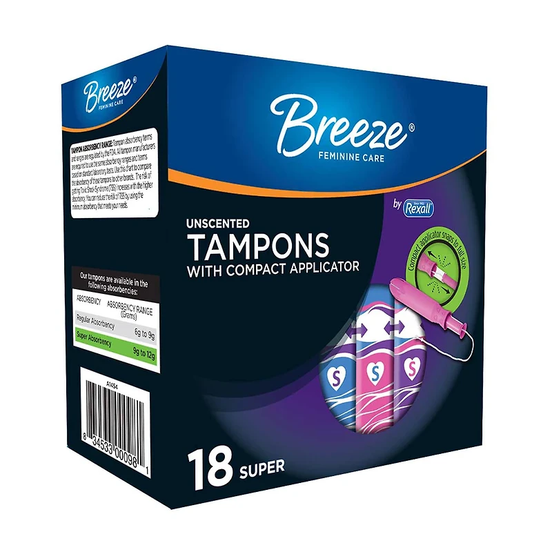 Rexall Breeze Tampons with Compact Applicator, Unscented Super, 18 ct