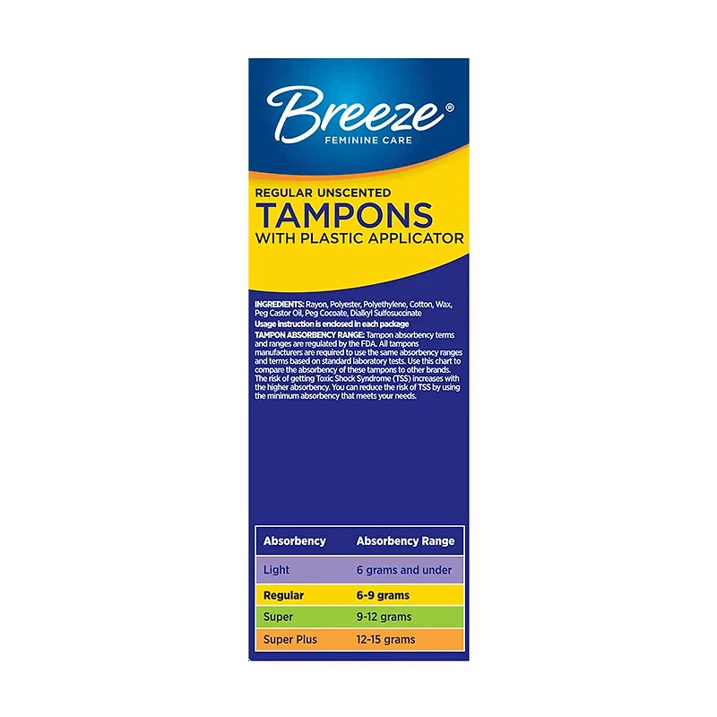 Breeze Unscented Plastic Tampons, Regular, 20 ct