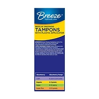 Breeze Unscented Plastic Tampons, Regular, 20 ct