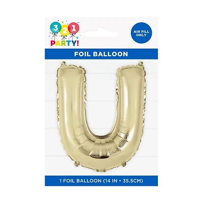Golden Foil Letter 'U' Balloon, 14 Inches