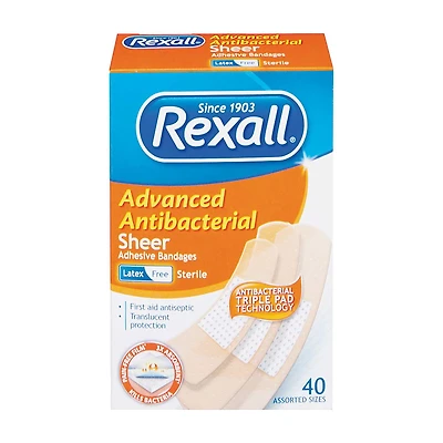 Rexall Advanced Antibacterial Sheer Adhesive Bandages, Assorted Sizes, 40 ct