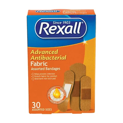 Rexall Advanced Antibacterial Fabric Bandages, Assorted Sizes, 30 ct