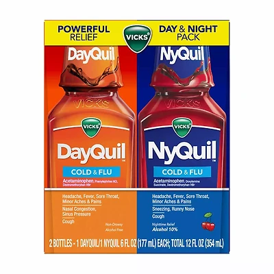 Vicks DayQuil & NyQuil Cherry Cold & Flu Relief Liquid Over-the-Counter Medicine, 8 oz, 2 pk