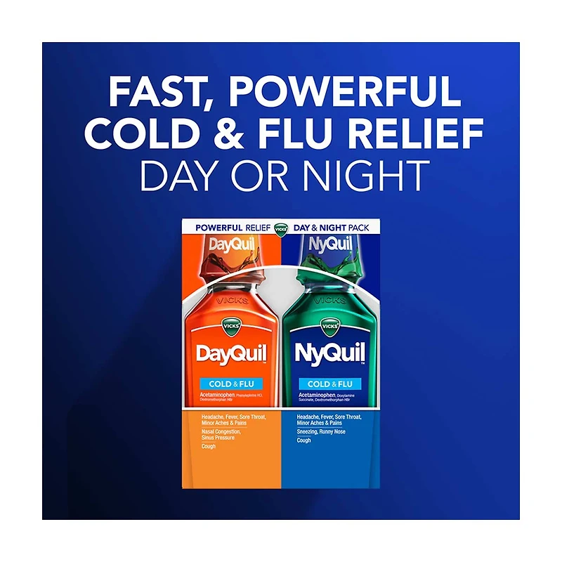 Vicks DayQuil & NyQuil Cherry Cold & Flu Relief Liquid Over-the-Counter Medicine, 8 oz, 2 pk