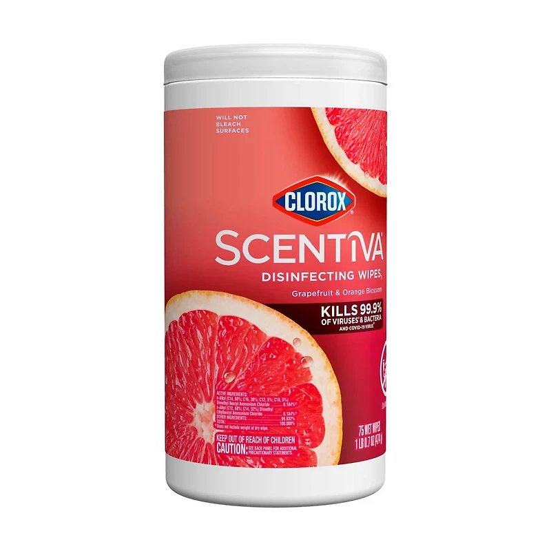 Clorox Scentiva Wipes, Bleach Free Cleaning Wipes, Tahitian Grapefruit Splash, 75 ct