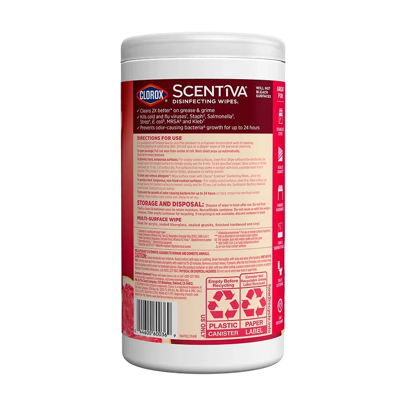 Clorox Scentiva Wipes, Bleach Free Cleaning Wipes, Tahitian Grapefruit Splash, 75 ct