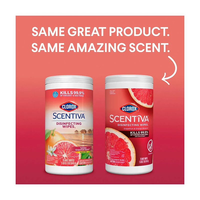 Clorox Scentiva Wipes, Bleach Free Cleaning Wipes, Tahitian Grapefruit Splash, 75 ct