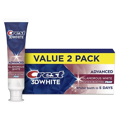 Crest Toothpaste 3DWhite Advanced Teeth Whitening, Glamorous White, 3.3 oz, 2 pk
