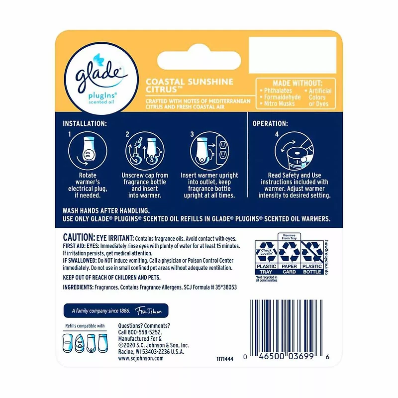 Glade Plug Ins Scented Oil Air Freshener Refills, Coastal Sunshine Citrus™, 0.67 oz, 2 ct