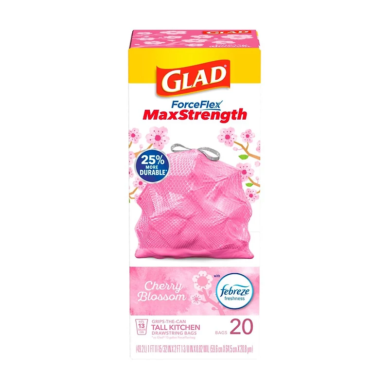 Glad ForceFlex MaxStrength Tall Kitchen Drawstring Trash Bags with Cherry Blossom Febreze, 13 gal,  20 ct