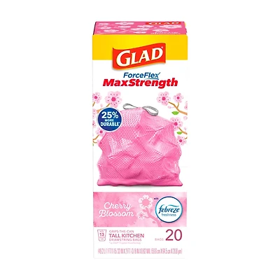 Glad ForceFlex MaxStrength Tall Kitchen Drawstring Trash Bags with Cherry Blossom Febreze, 13 gal,  20 ct
