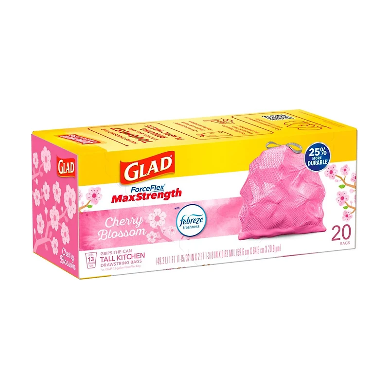 Glad ForceFlex MaxStrength Tall Kitchen Drawstring Trash Bags with Cherry Blossom Febreze, 13 gal,  20 ct