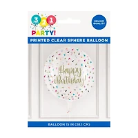 321 Party! Happy Birthday Confetti-printed Sphere Balloon, 15 in
