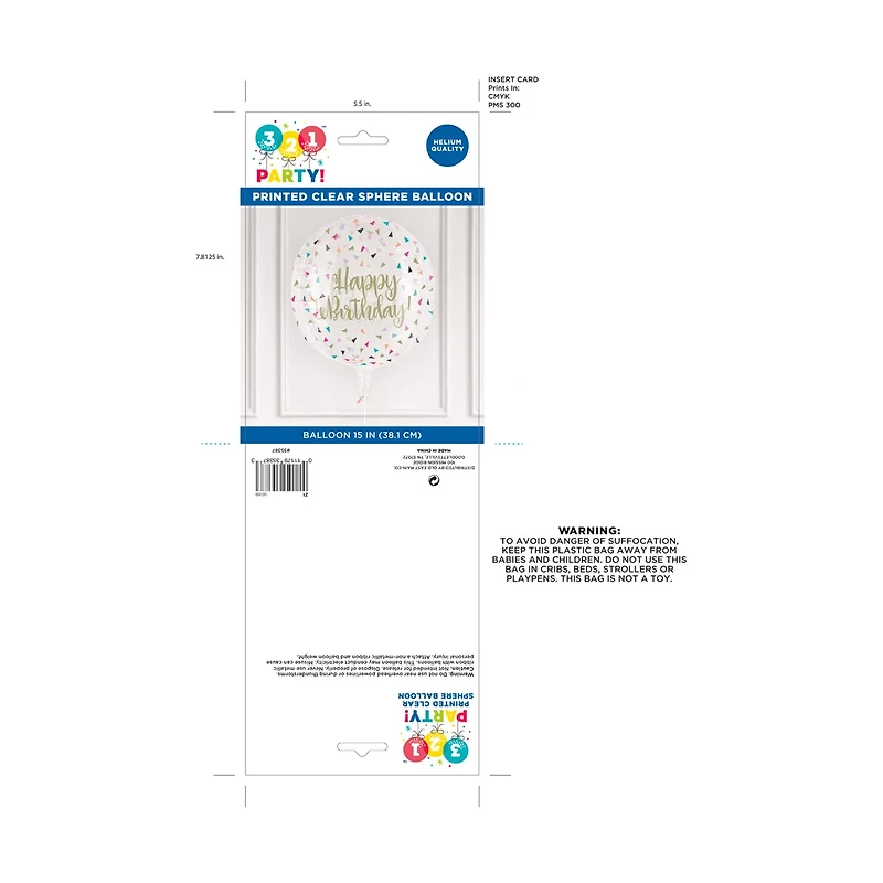 321 Party! Happy Birthday Confetti-printed Sphere Balloon, 15 in