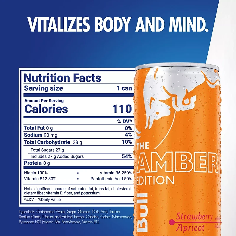 Red Bull Amber Edition Energy Drink, Strawberry Apricot, 80mg Caffeine, 8.4 fl. oz. Can
