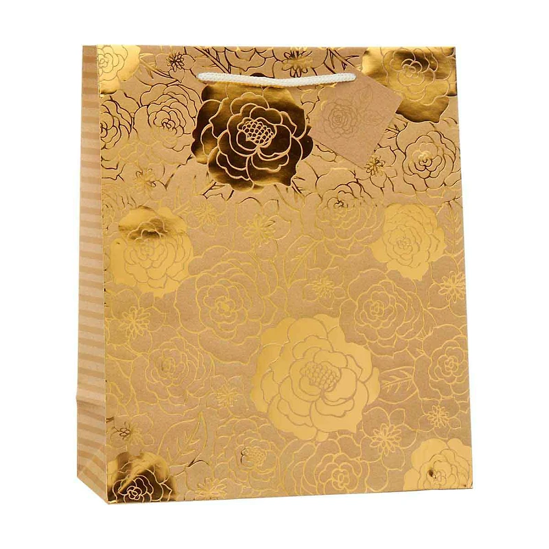 Gold Floral Gift Bag With Gift Tag, Large