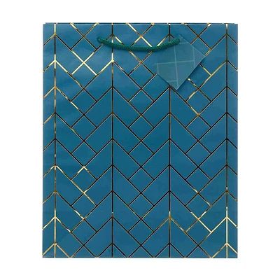 Navy Geometric Pattern Gift Bag With Gift Tag, Large
