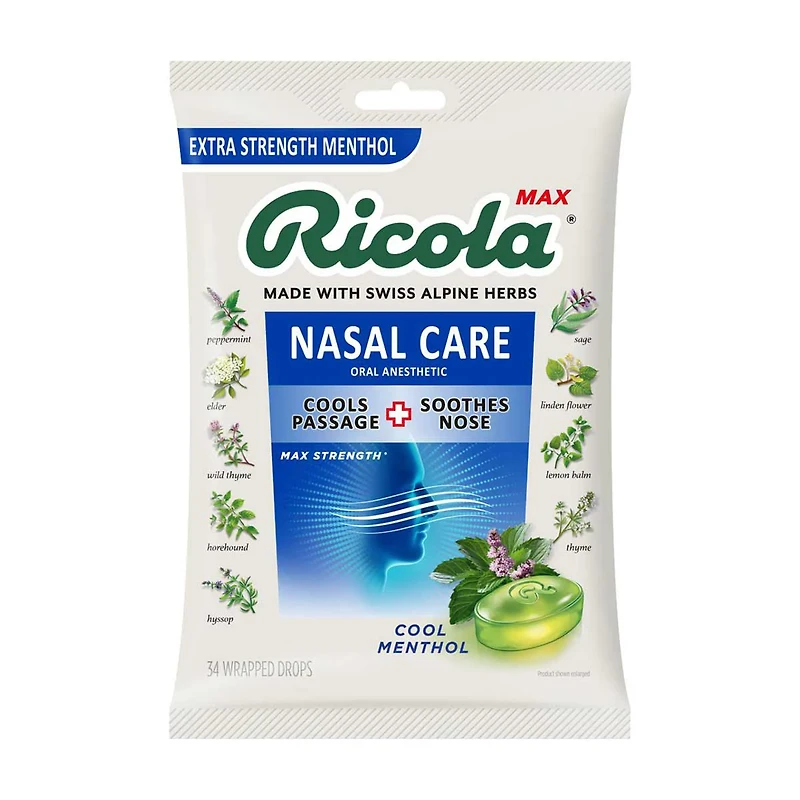 Ricola Extra Strength Nasal Care Cool Menthol Throat Drops, 34 ct