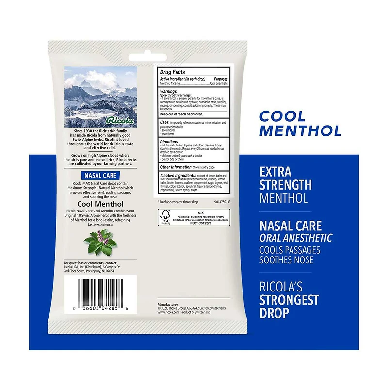 Ricola Extra Strength Nasal Care Cool Menthol Throat Drops, 34 ct