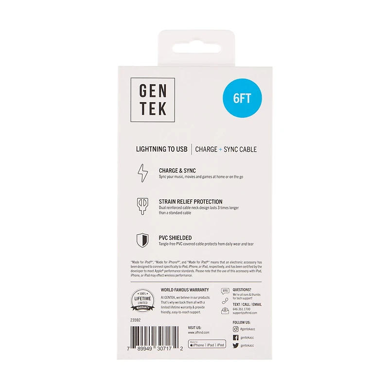 GENTEK Lightning to USB Charging Cable, 6 ft, White