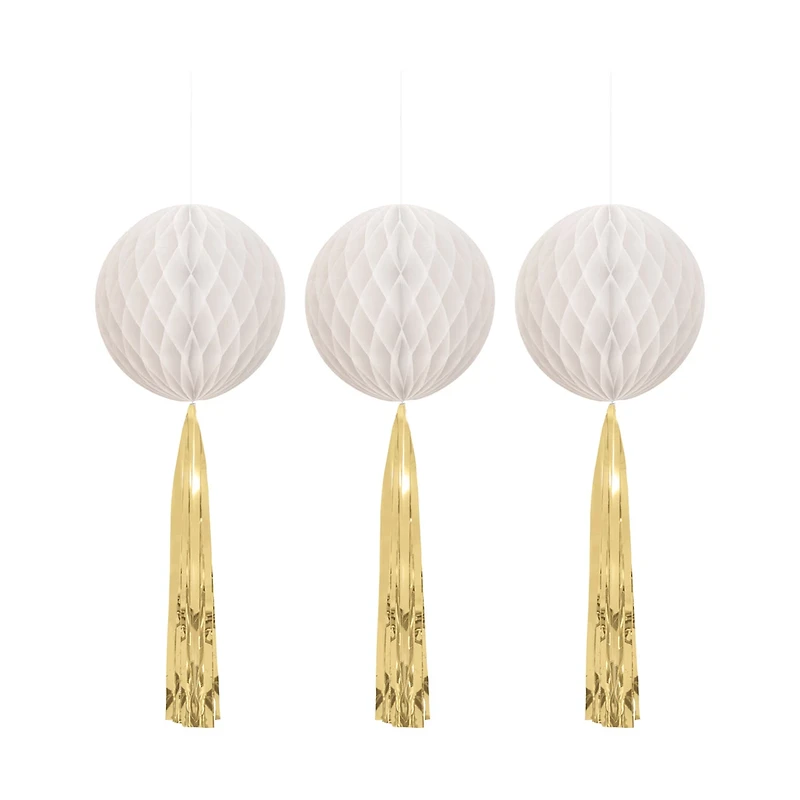 White Honeycomb Balls with Foil Tassel Tails, 3 ct, 8 in