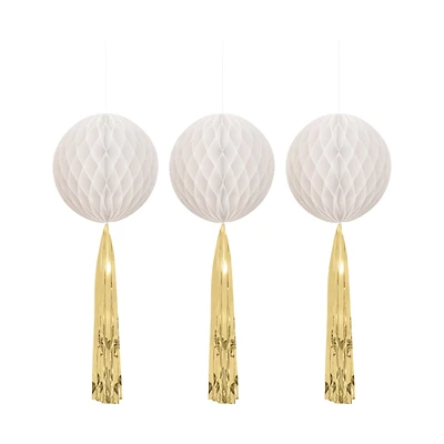 White Honeycomb Balls with Foil Tassel Tails, 3 ct, 8 in