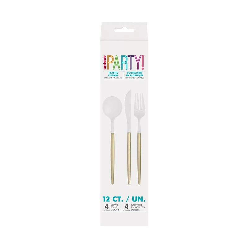 Unique Party! Assorted Plastic Cutlery Set, White & Gold, 4 Sets