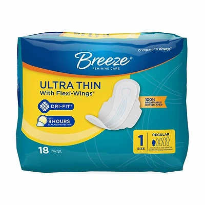 Breeze Ultra Thin with Flexi-Wings Feminine Pads, Size 1 Regular, 18 ct