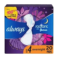 Always Radiant with FlexFoam Pads for Women, Size 4, Overnight Pad with Wings, Scented, 20 Count