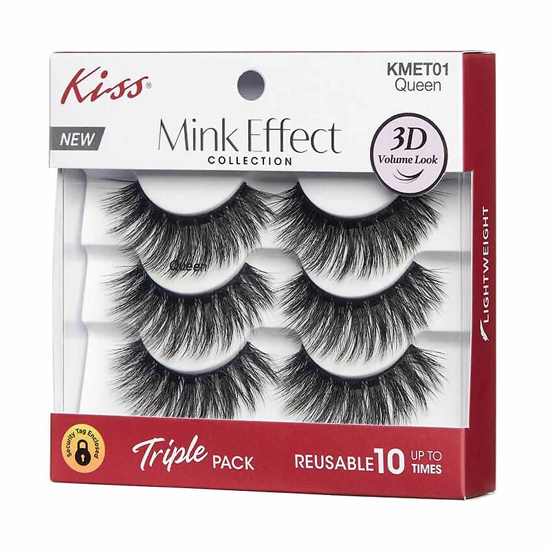 Kiss Mink Effect Collection 3D Volume Eyelashes, Queen, 3 ct