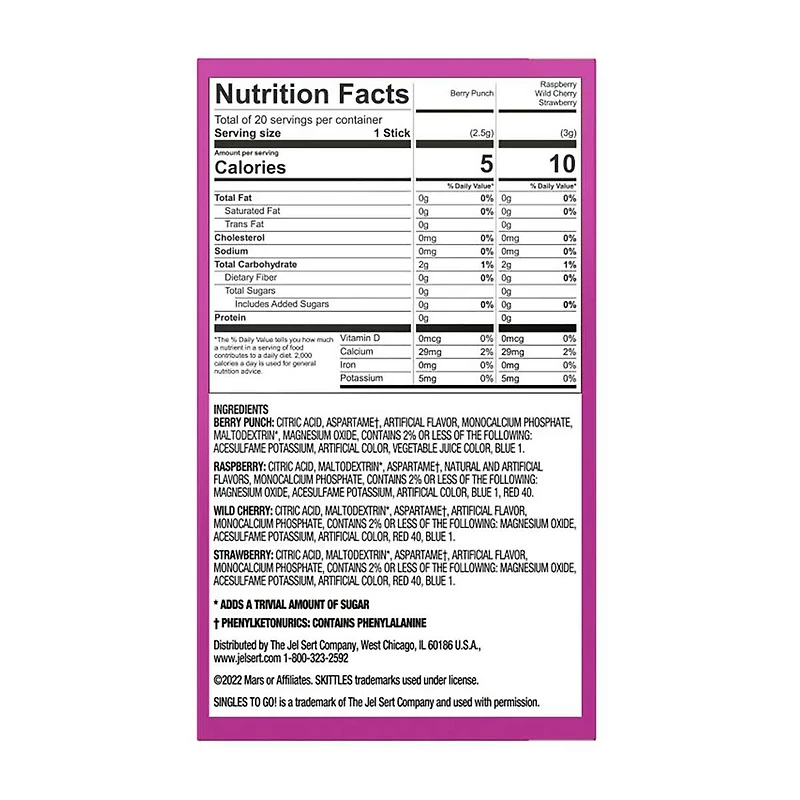 Skittles Wild Berry Singles To Go Drink Mix Variety Pack, 20 ct