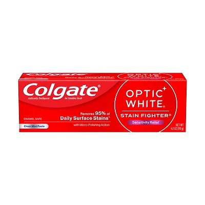 Colgate Optic White Stain Fighter Sensitivity Relief Toothpaste, Clean Mint, 4.2 oz
