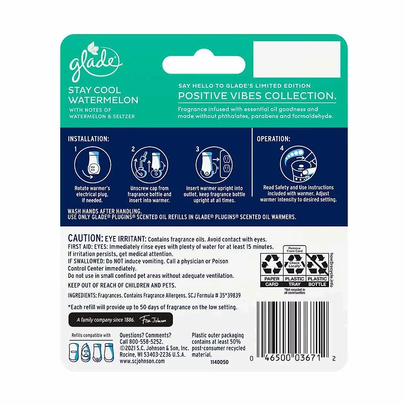 Glade Plugins Scented Oil Refill - Stay Cool Watermelon Scent, 0.67 oz - 2 ct