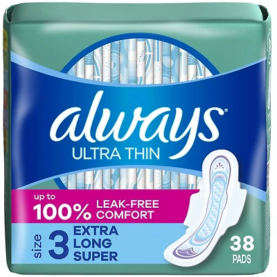 Always Ultra Thin Feminine Pads with Wings for Women, Size 3, Extra Long Super Absorbency, Unscented, 38 Count