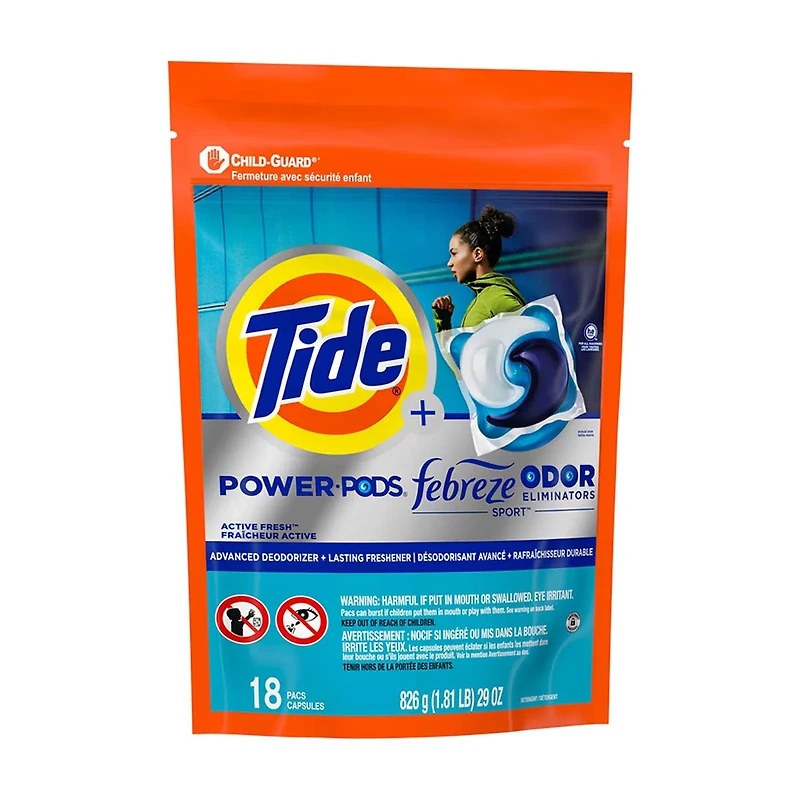 Tide Power Pods with Febreze Sport Laundry Detergent Pacs, 18 Count, Febreze Freshness with Sport Odor Defense