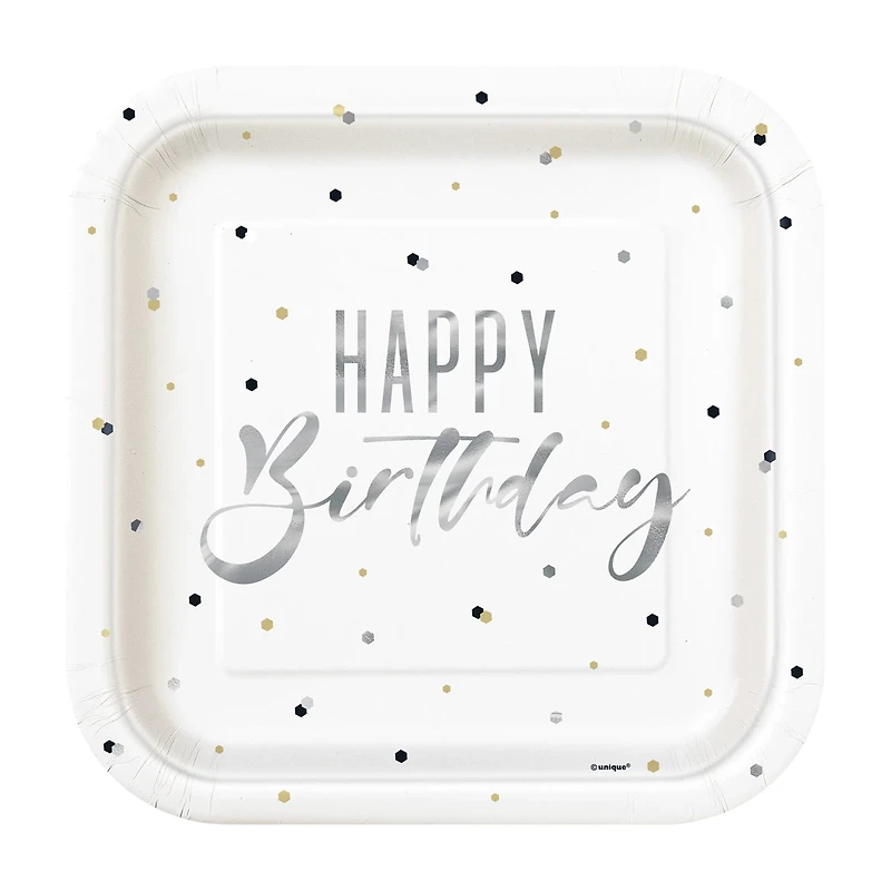 Square Silver 'Happy Birthday' Party Plates, 9 in, 8 ct