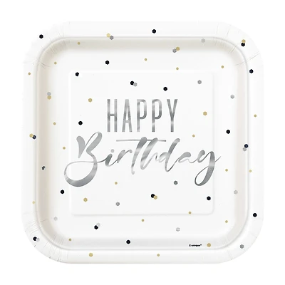 Square Silver 'Happy Birthday' Party Plates, 9 in, 8 ct