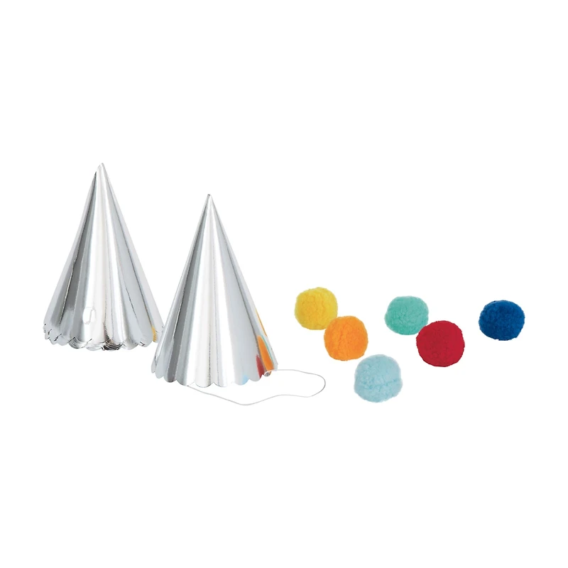 Scalloped Foil Party Hats with Pom Poms, Silver, 6 ct