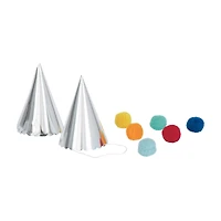 Scalloped Foil Party Hats with Pom Poms, Silver, 6 ct