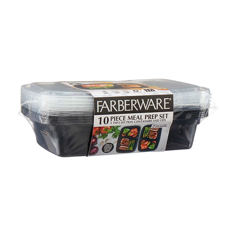 Farberware Meal Prep Set, 10 sets, Rectangular 2 Compartment, 3.7 cup