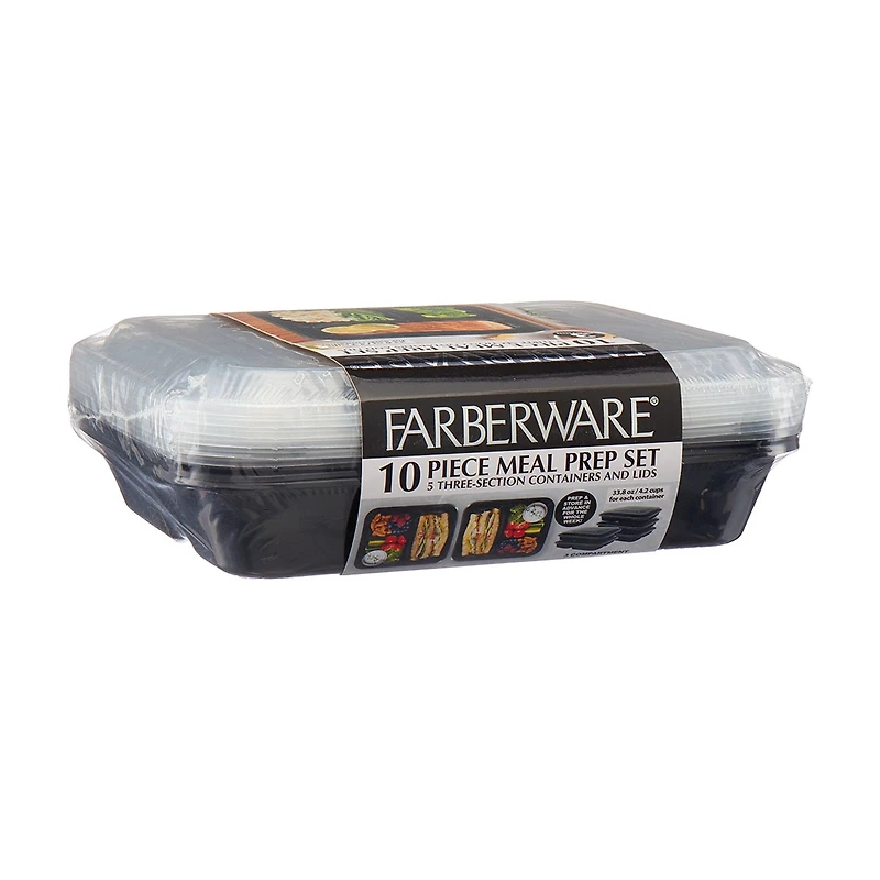 Farberware Meal Prep Set, 10 sets, Rectangular 5 Section, 4.2 cup