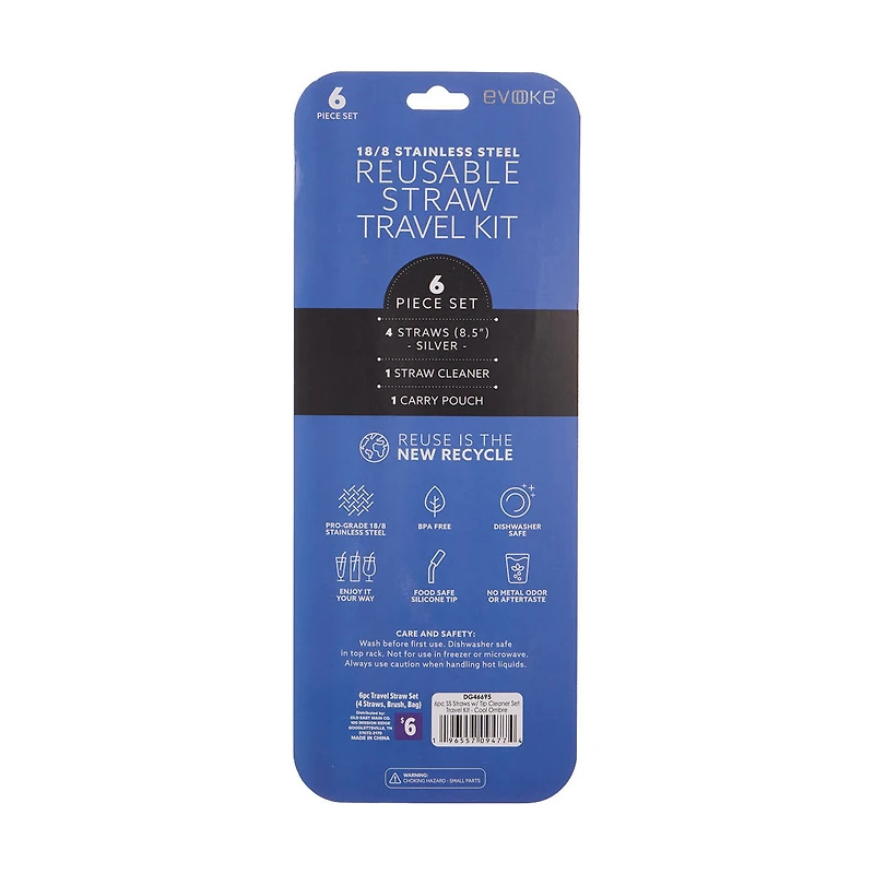 Evoke Stainless Steel Reusable Straws Travel Kit with Tip Cleaner, Cool Ombre