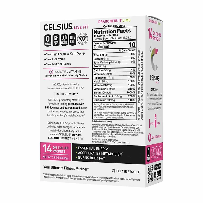 Celsius On-the-Go Packets, Dragonfruit Lime, 2.8 oz, 14 ct