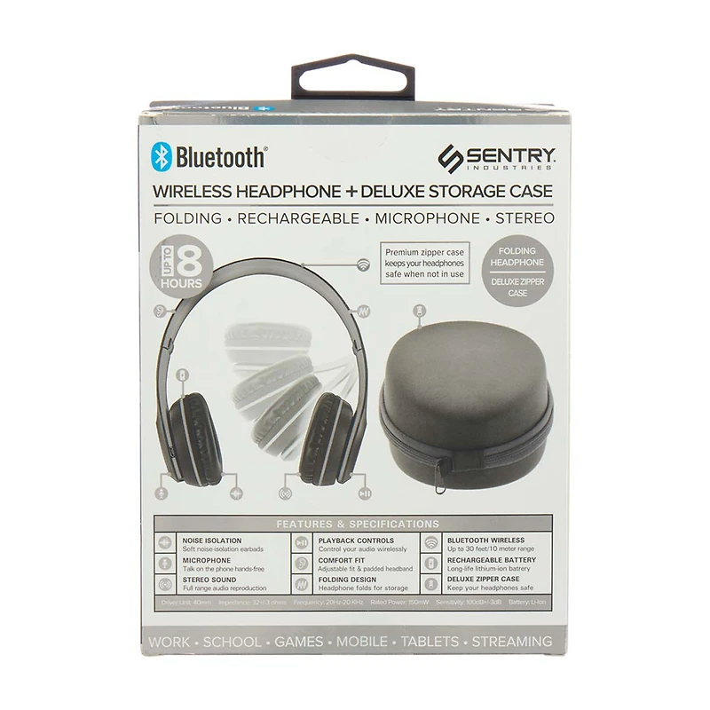 Sentry Foldable Bluetooth Headphones in Zipper Case