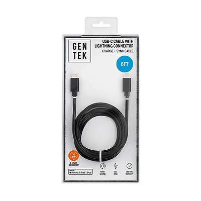 GENTEK USB-C to Lightning Phone Charger, Black, 6 ft
